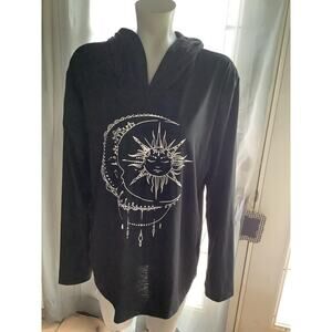 Black Women Sun Moon Print T-shirt Casual Long Sleeve Clothing with Hoodie 2XL